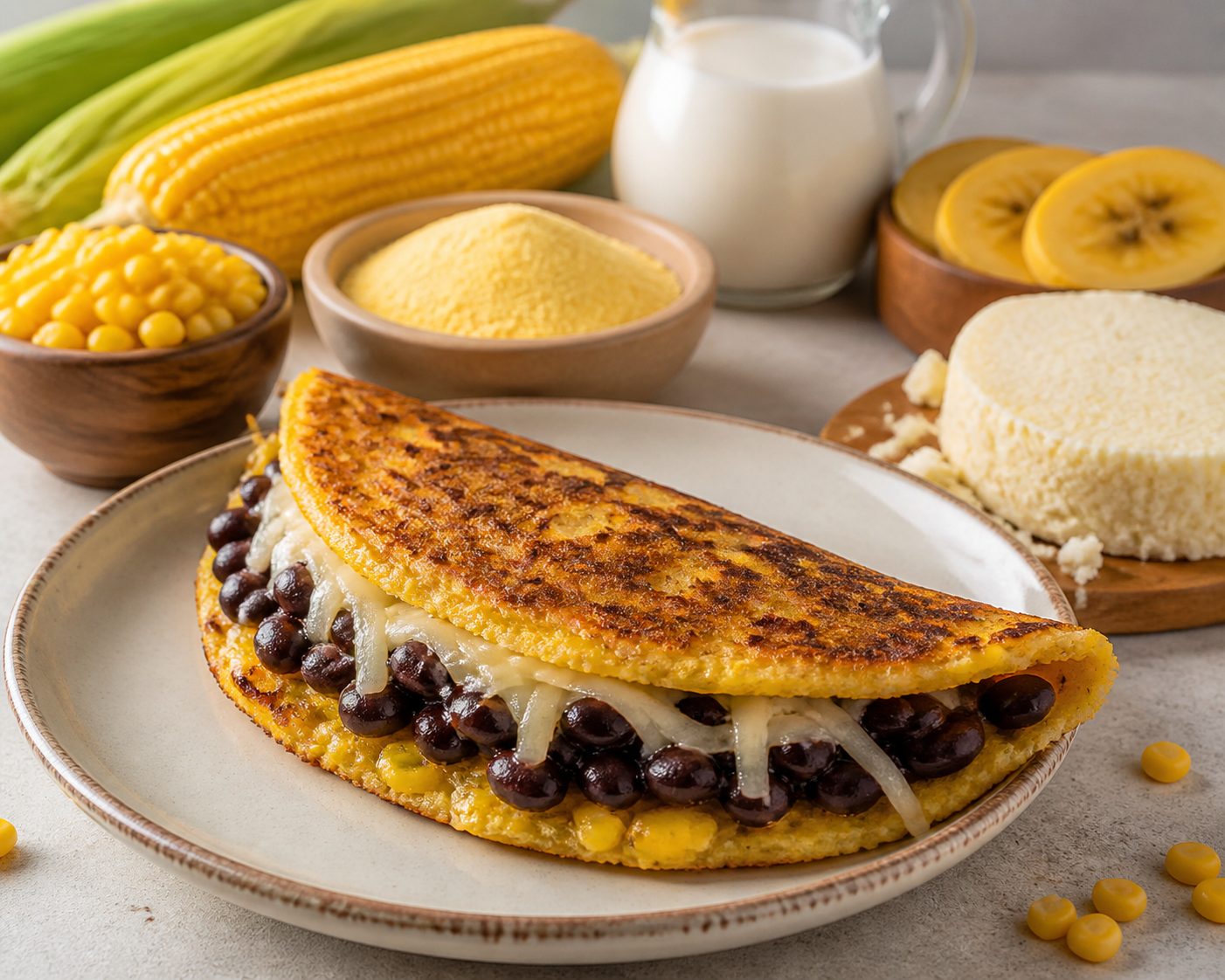 Crispy Plantain Cachapas with Creamy Black Beans and Golden Queso de Mano