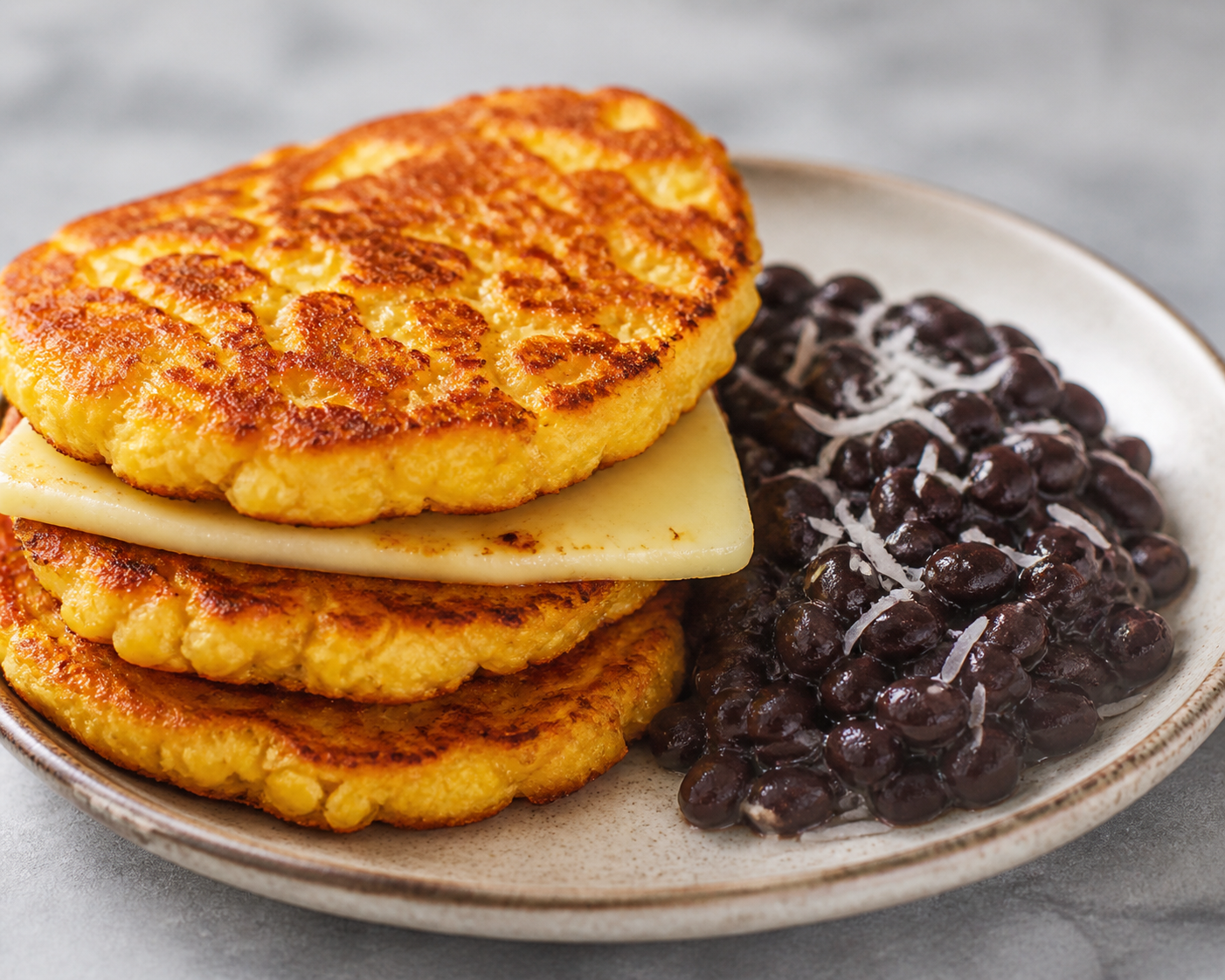 Cachapas Crujientes de Maíz con Caraotas Negras al Coco y Queso Llanero Dorado