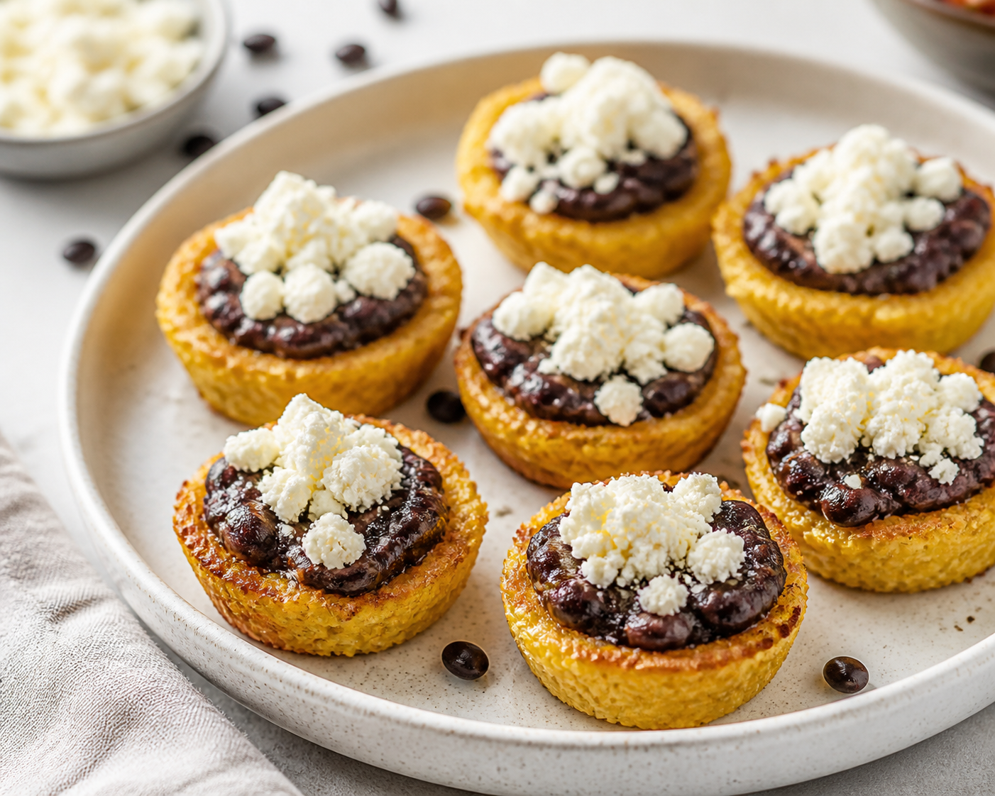 Crispy Cachapa Cups with Coconut Black Beans and Queso Llanero
