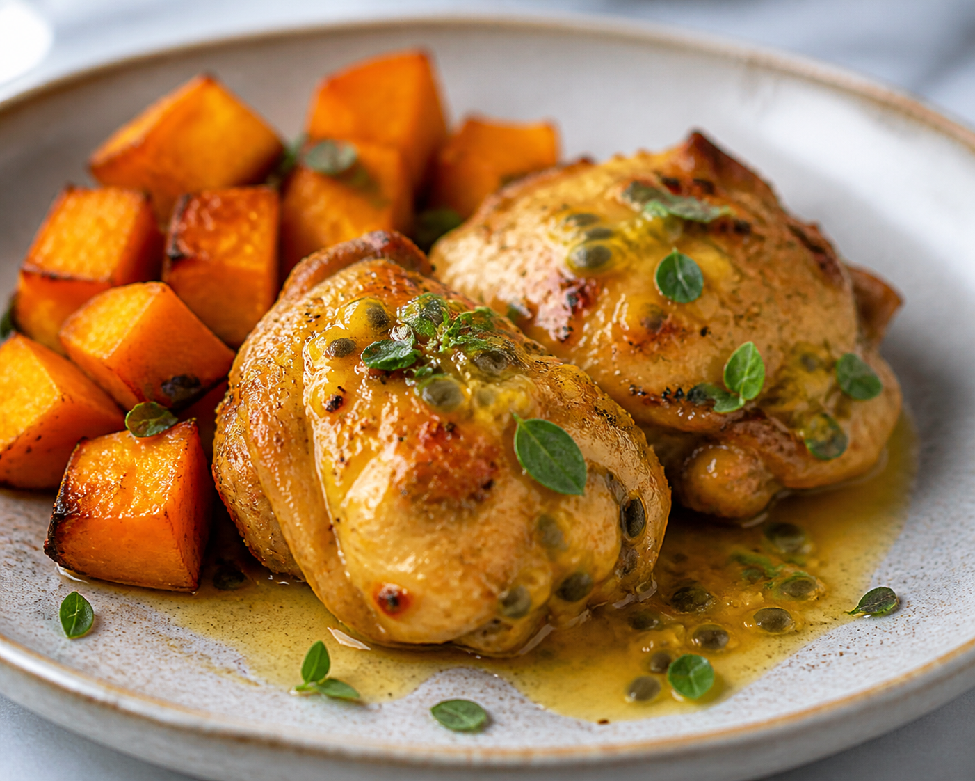 Island Chicken with Passion Fruit, Roasted Sweet Potato, and Dominican Oregano