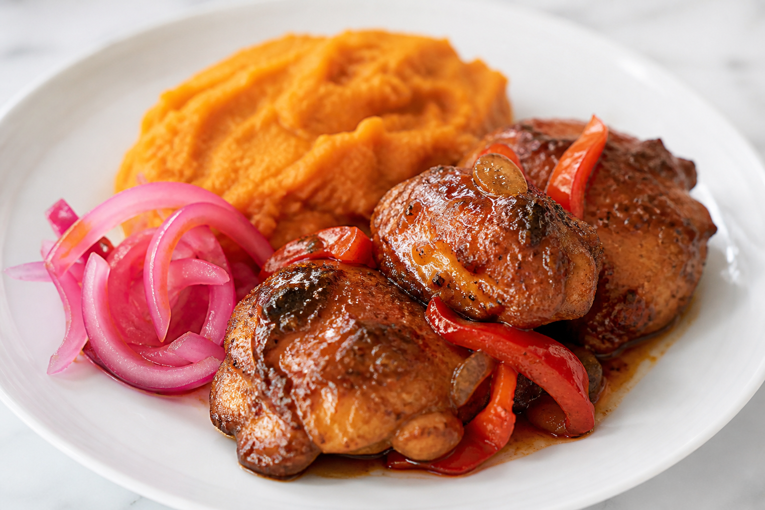 Dominican Chicken with a Hint of Coffee, Mashed Sweet Potato, and Quick Pickled Onion