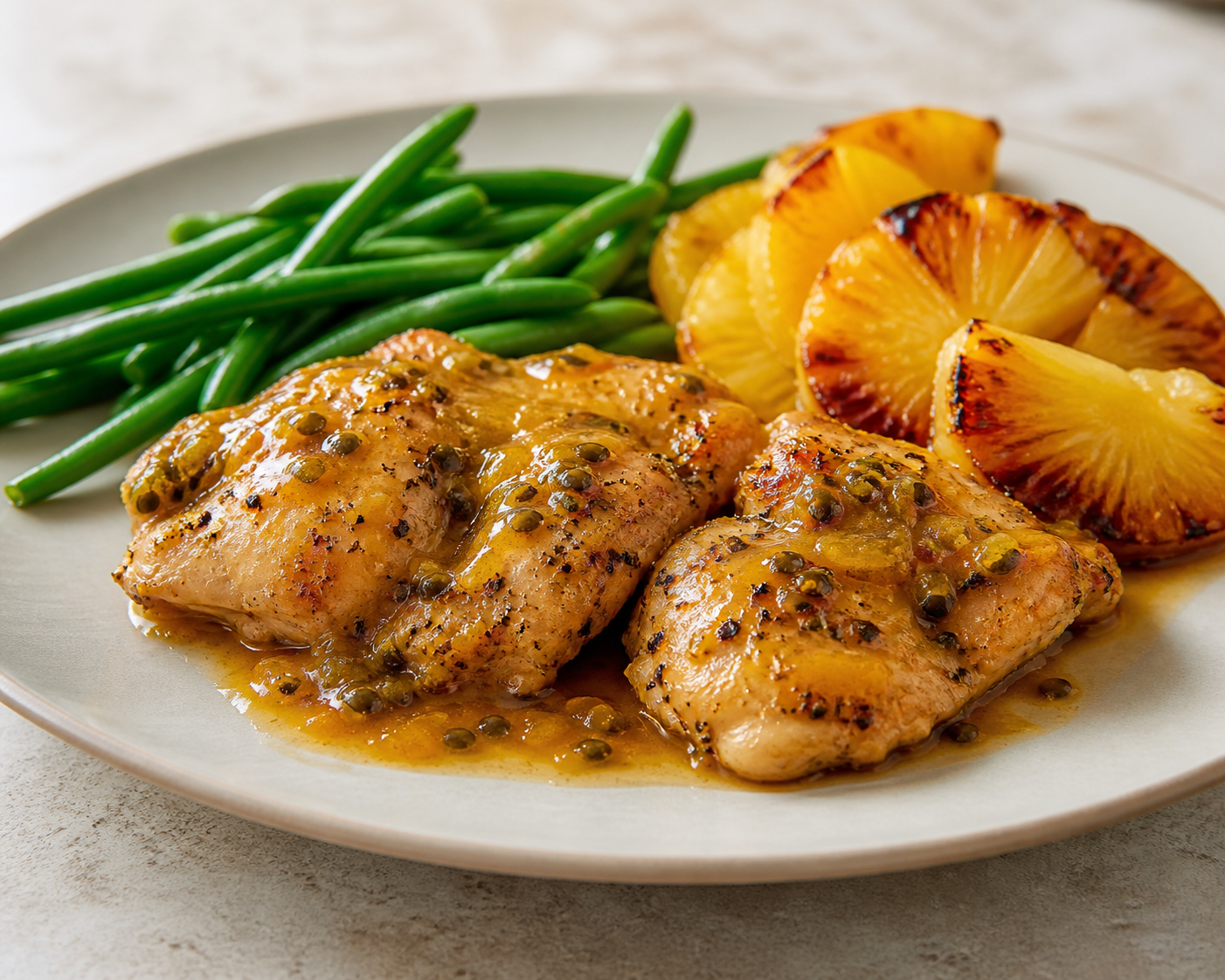 Pollo Criollo Dominicano con Piña Asada, Habichuelas Verdes y Salsa Suave de Chinola