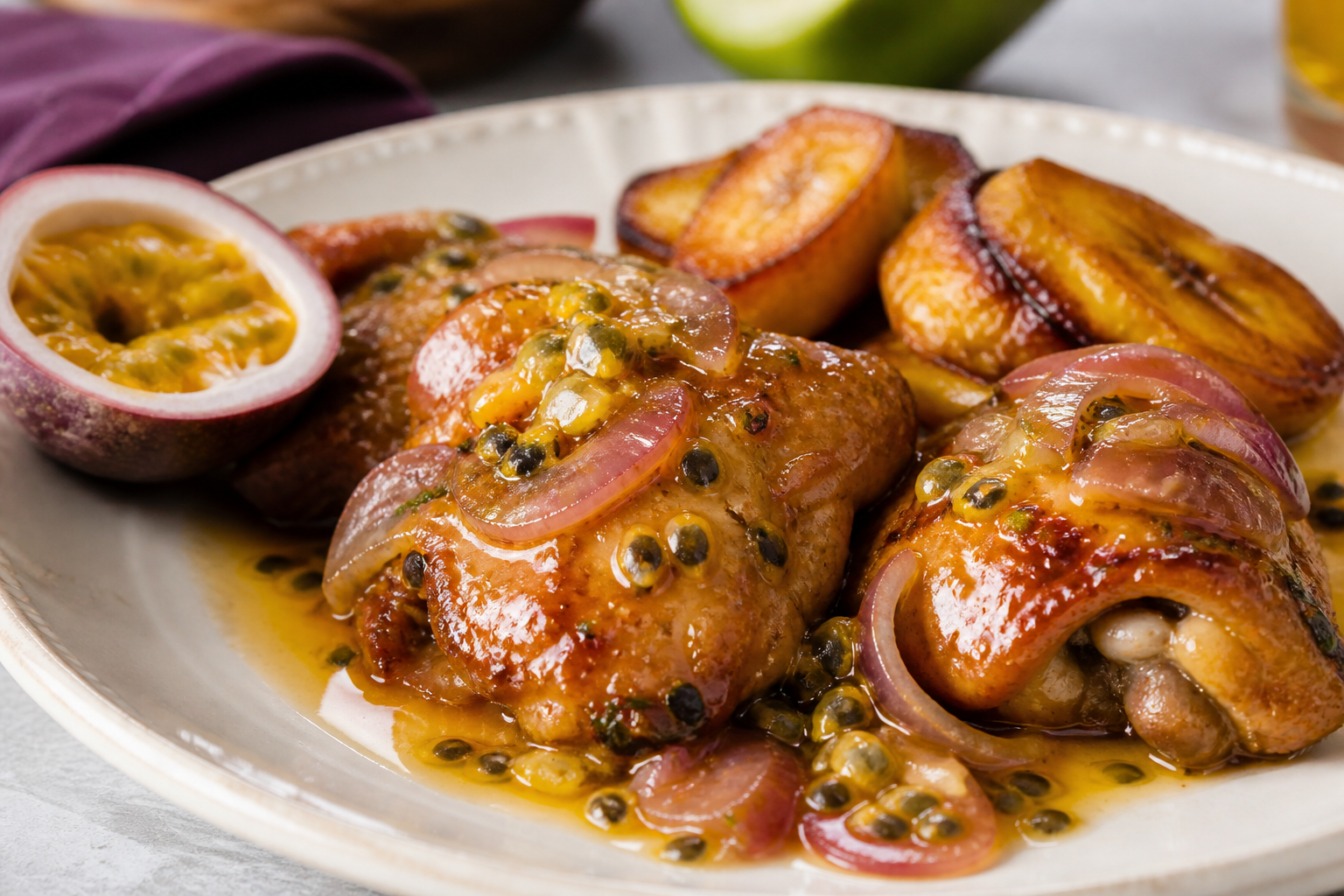 Pollo Dominicano en Salsa de Chinola y Ron con Plátanos Asados