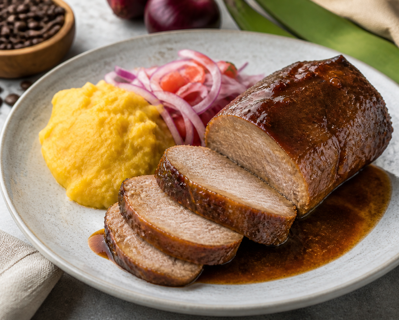 Posta Colombiana de Cerdo al Café con Puré de Plátano Maduro y Ensalada de Cebolla