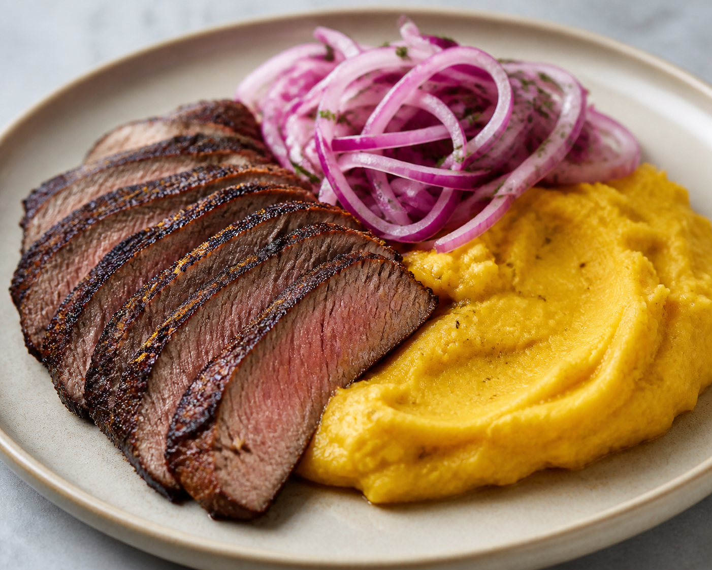Posta Negra Suave con Puré de Plátano Maduro y Ensalada de Cebolla Encurtida
