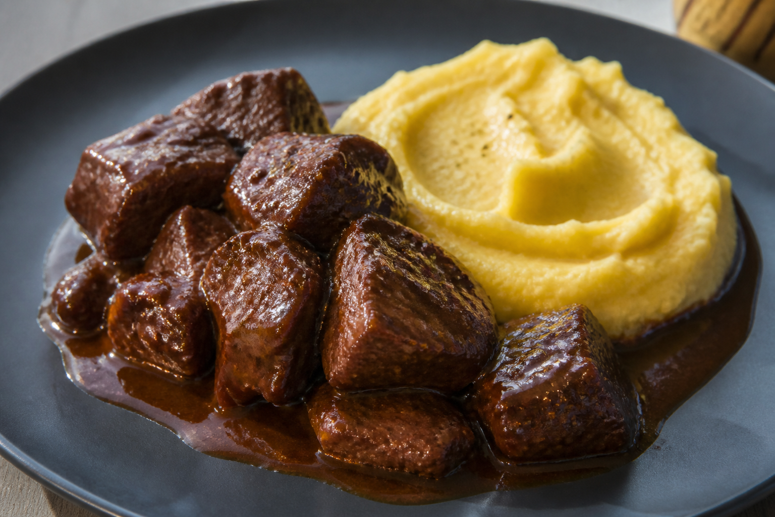 Cartagena-Style Beef in Coffee-Panela Sauce with Plantain-Lime Mash