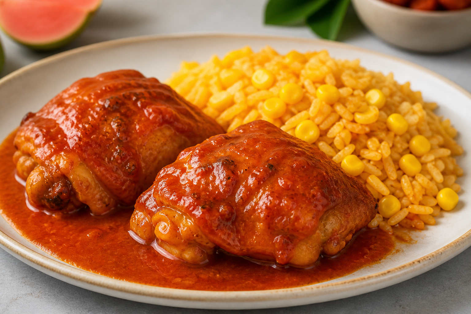 Pollo Criollo en Salsa de Guayaba y Achiote con Arroz de Maíz Tierno