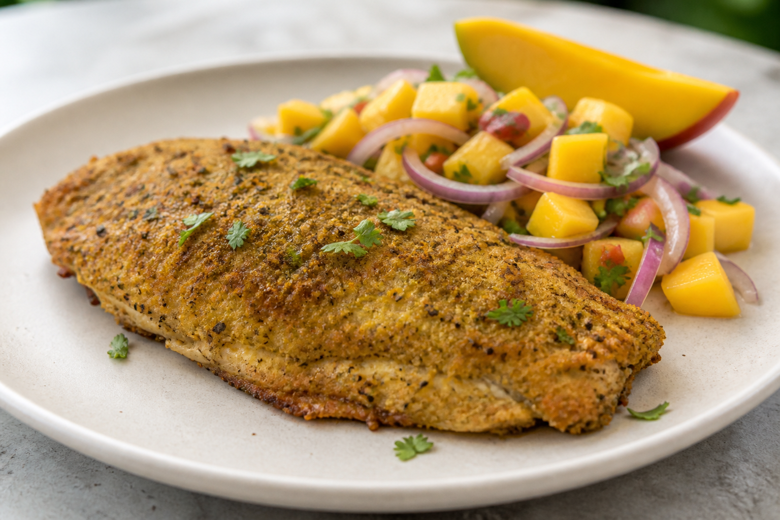 Baked Colombian Mojarra with Green Plantain Crust and Mango Ají