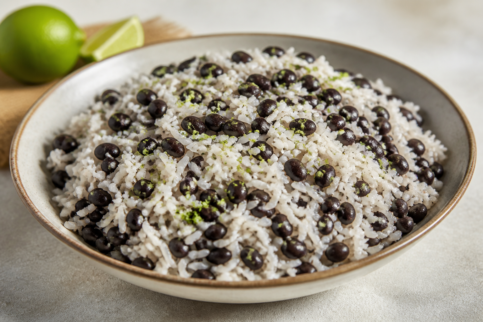 Arroz Cremoso Brasileño de Coco, Lima y Frijol Negro Tostado