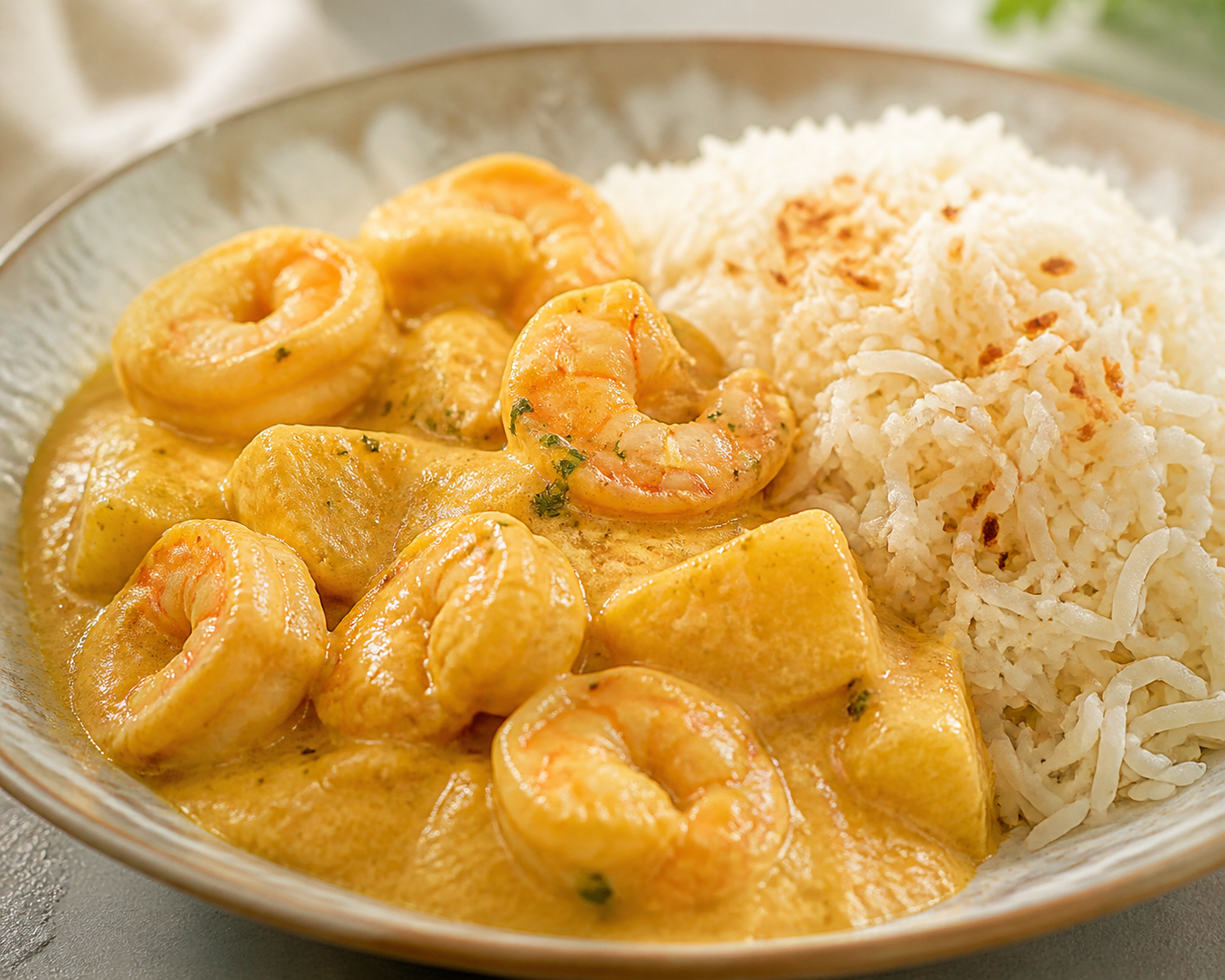 Golden Shrimp and Cassava Bobó with Toasted Coconut Rice