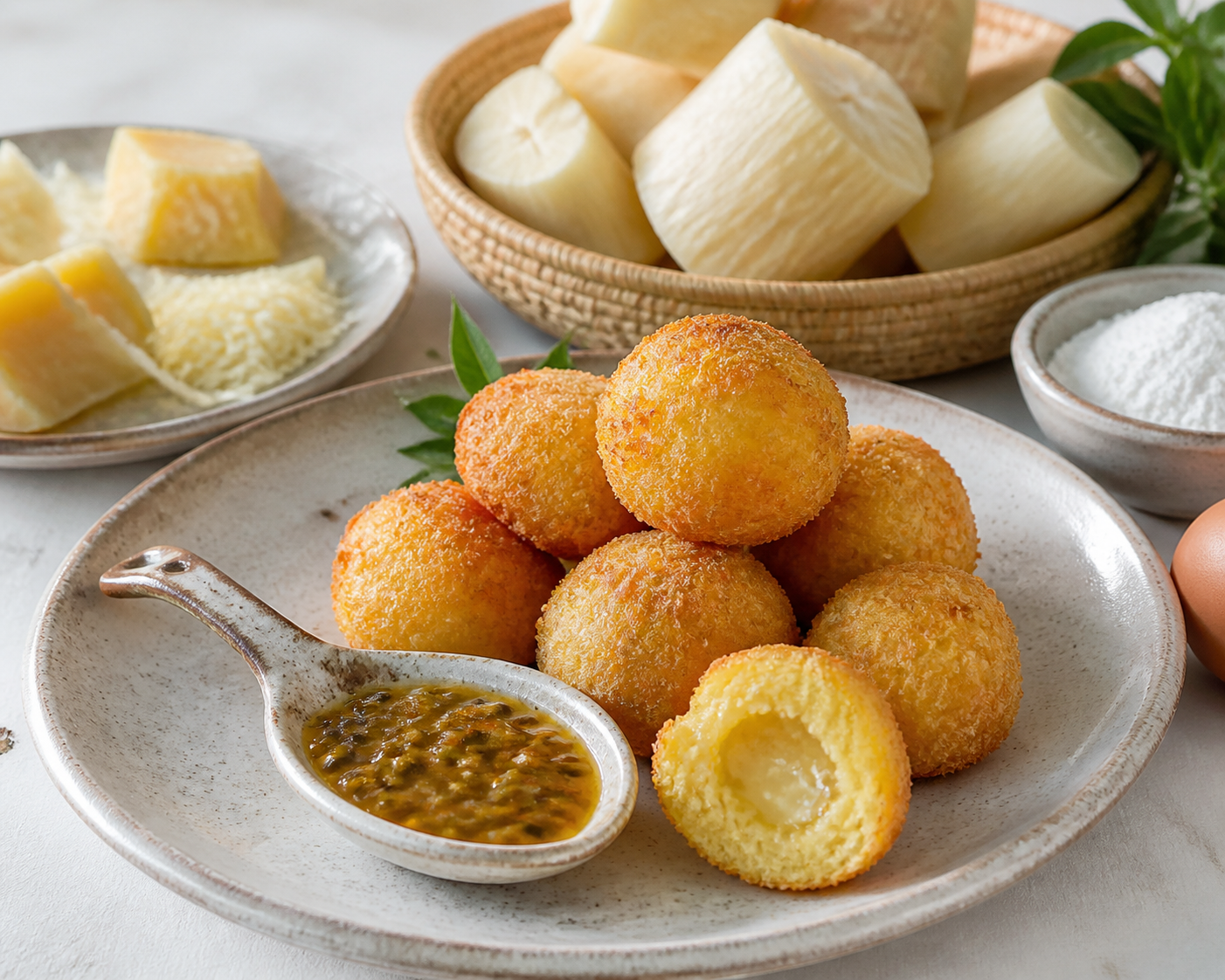 Bolitas Brasileñas de Yuca y Queso con Salsa Tibia de Maracuyá y Chile