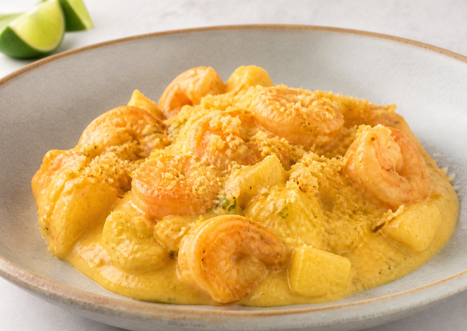 Golden Shrimp and Cassava Bobó with Lime Farofa Crunch