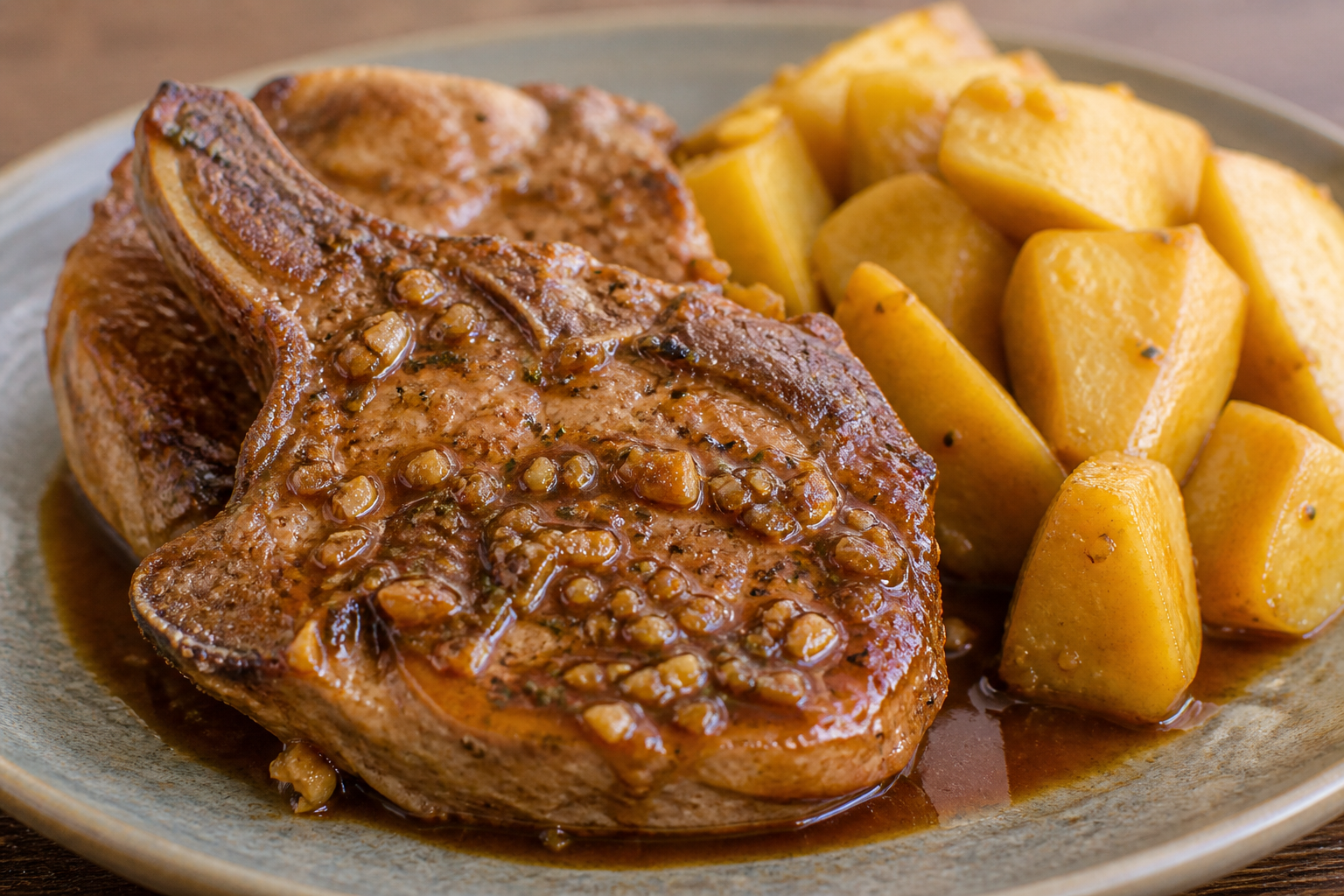 Chuletas de Cerdo Boricuas en Salsa de Tamarindo y Ajo con Yautía Dorada