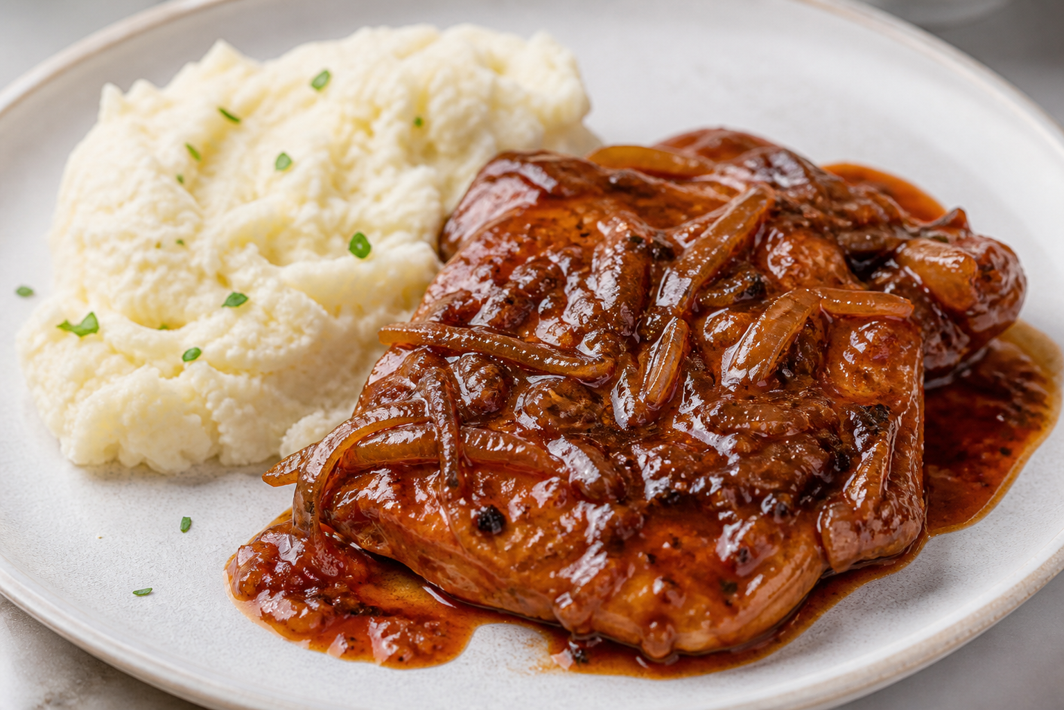 Chuletas de Cerdo Boricuas en Salsa de Tamarindo y Ron con Majado Suave de Yuca