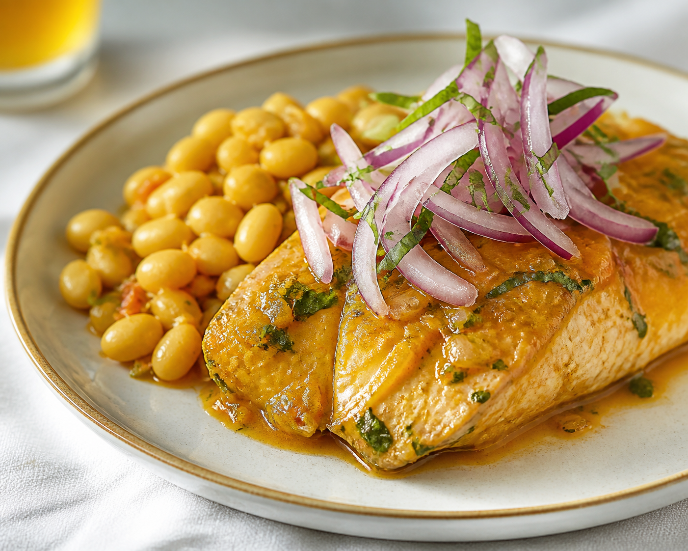 Seco Norteño de Pescado con Frejoles Canarios y Salsa Criolla de Hierbabuena