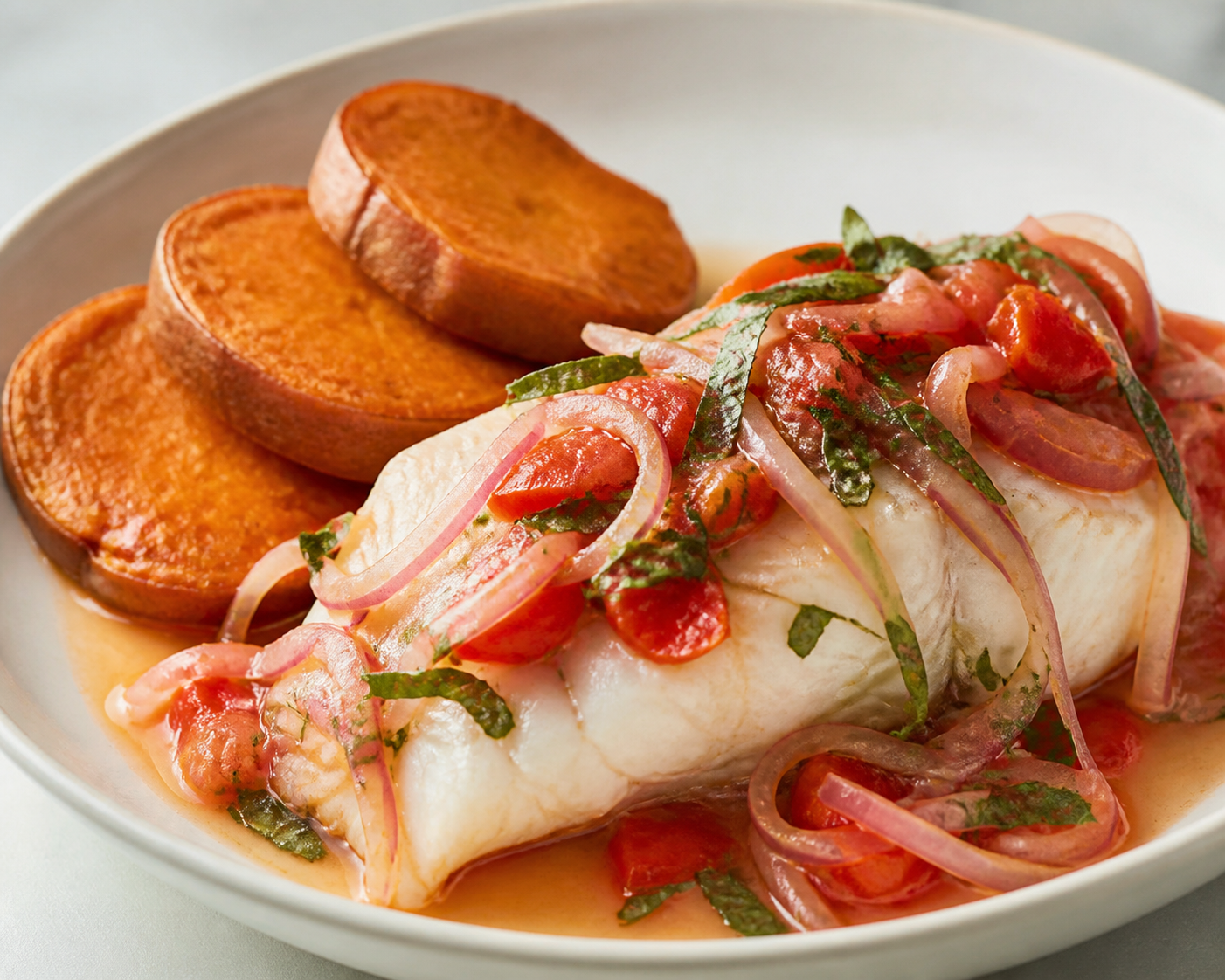 Sudado Limeño de Pescado con Camote Asado y Salsa Criolla de Hierbabuena