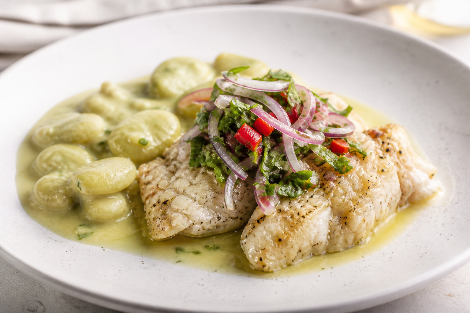 Lime-Style Fish Seco with Creamy Lima Beans and Herb Salsa Criolla