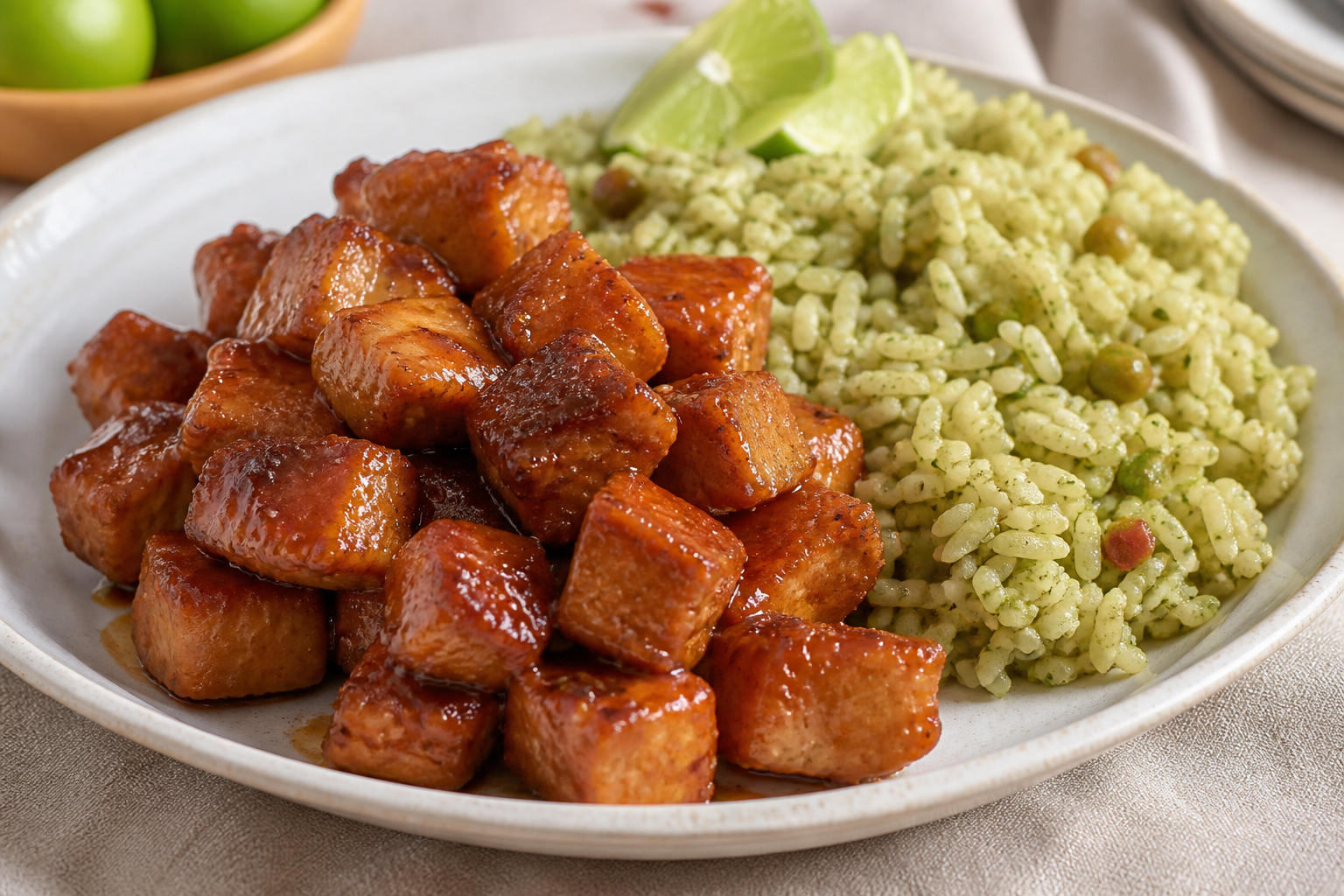 Guava-Glazed Cuban Pork Bites with Criollo Green Rice