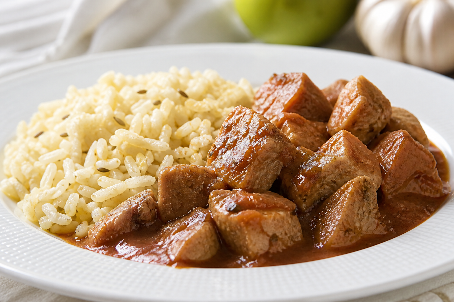 Cerdo Cubano en Salsa de Guayaba y Ajo con Arroz de Comino
