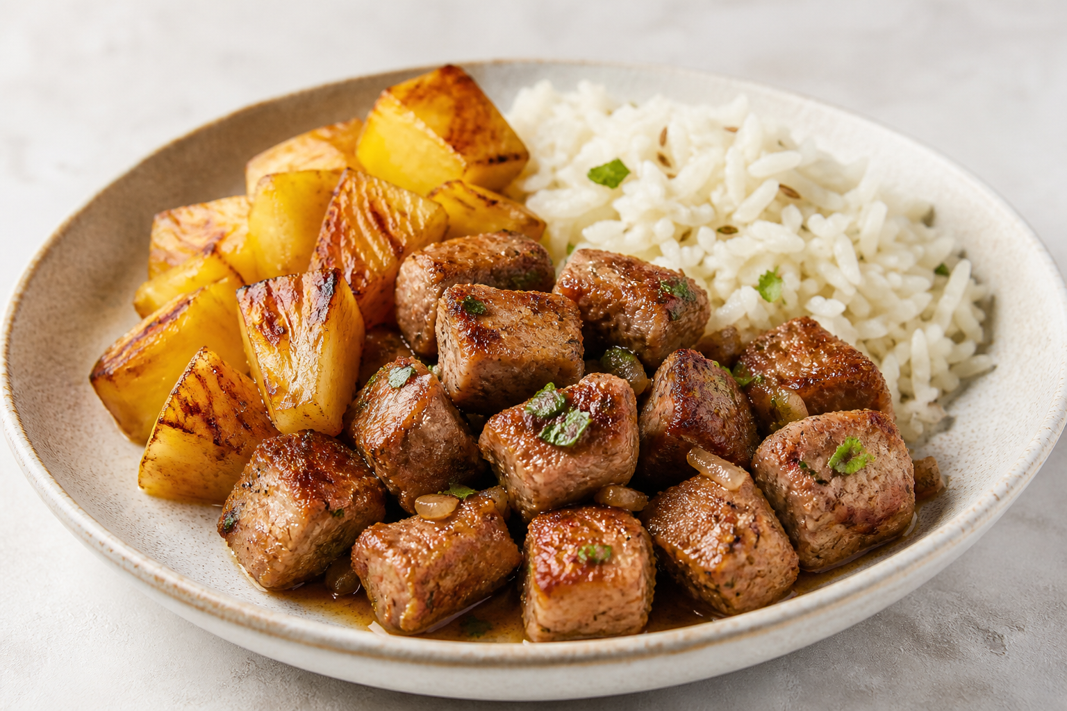 Cerdo Criollo Cubano con Piña Asada y Arroz al Comino