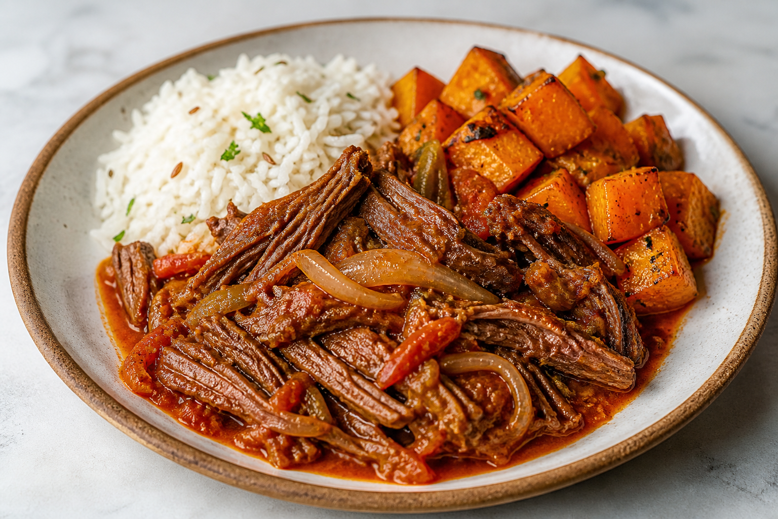 Ropa Vieja Cubana de Res con Calabaza Asada y Arroz al Comino