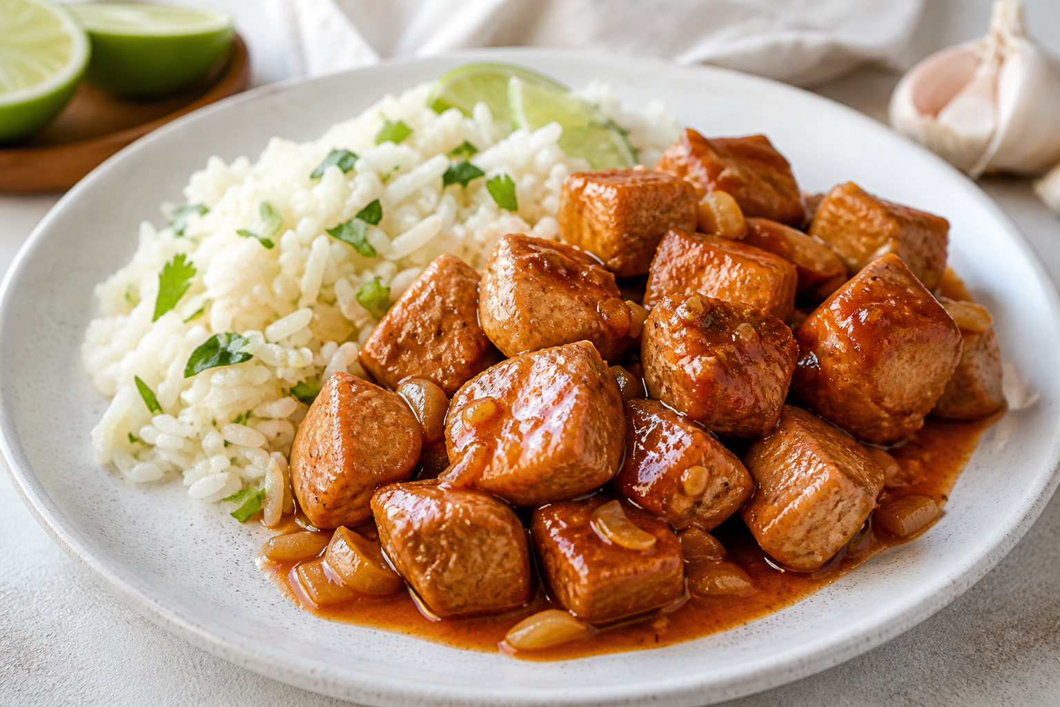 Cerdo Cubano en Salsa de Guayaba y Ajo con Arroz de Lima y Cebolla