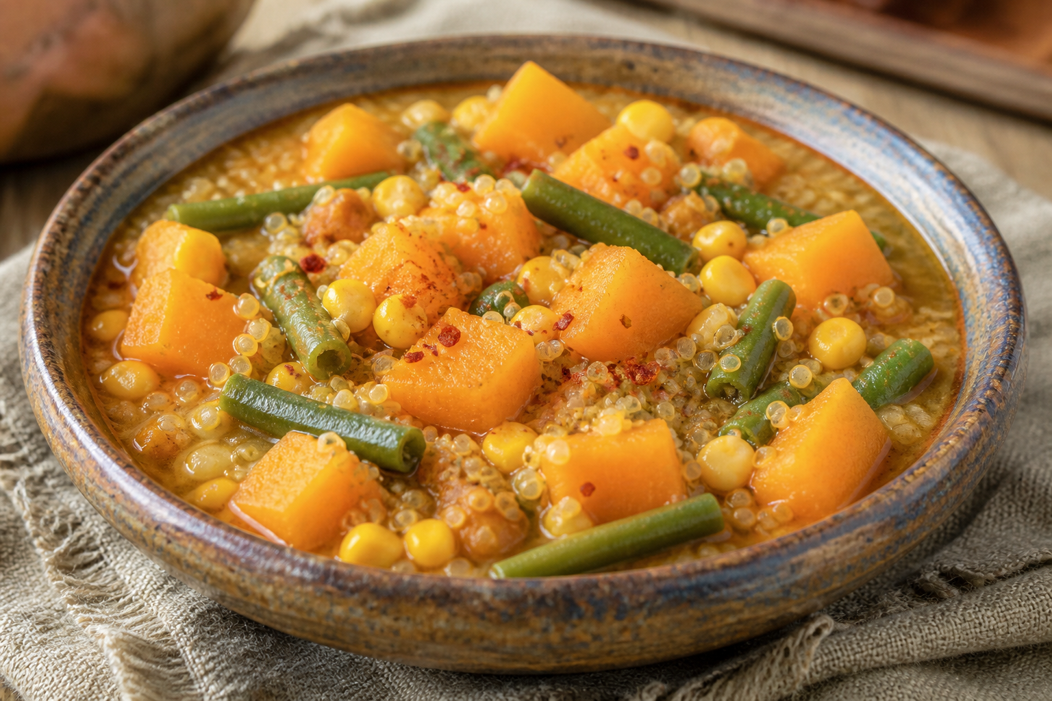 Guiso Chileno de Zapallo, Porotos Verdes y Quinoa al Merkén