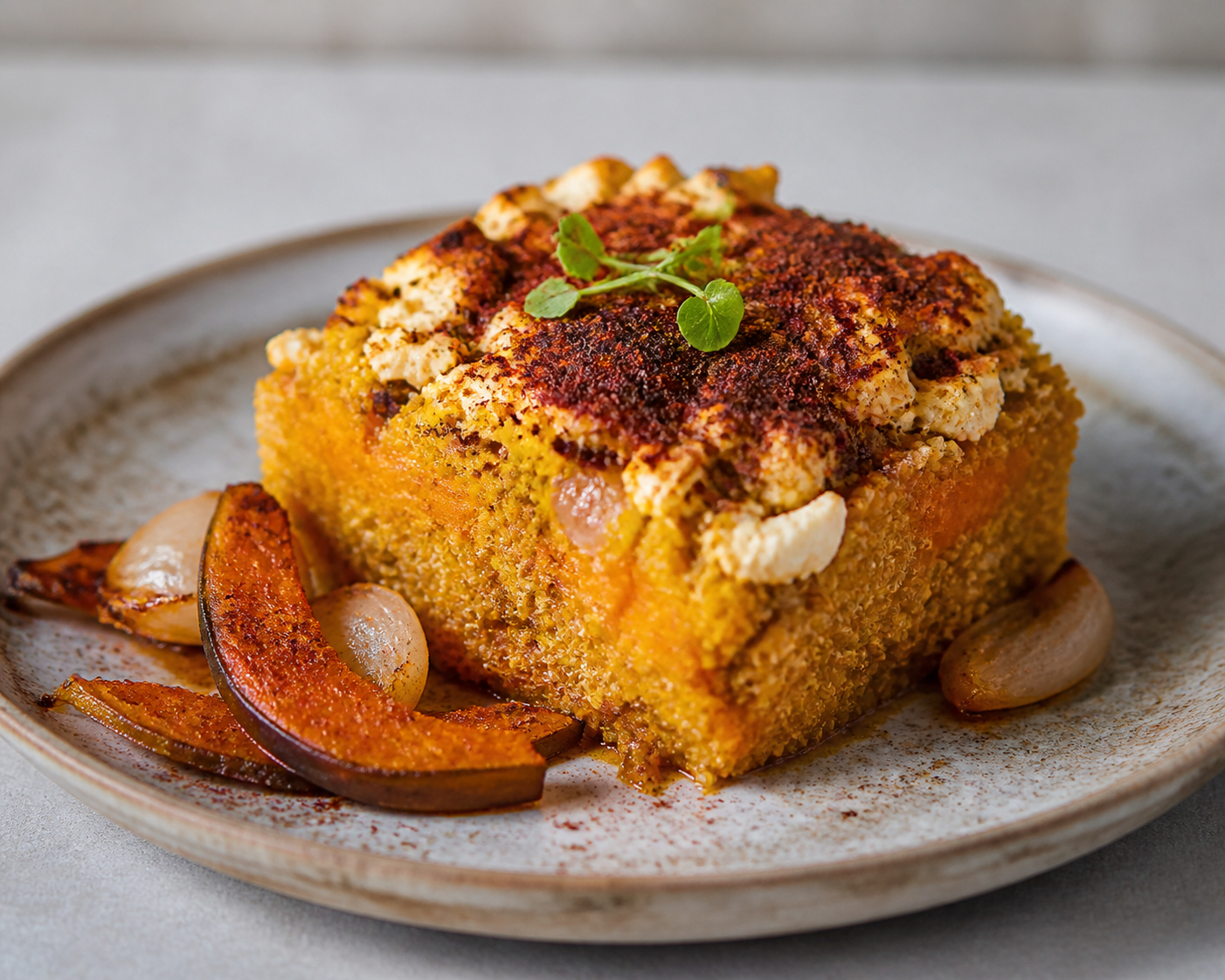 Chilean Quinoa and Sweet Pumpkin Bake with Goat Cheese and Merkén Crust