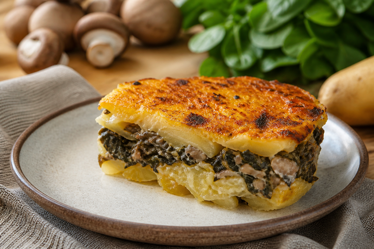 Pastel de Papas Chileno con Pino de Setas, Espinaca y Costra de Queso al Merkén