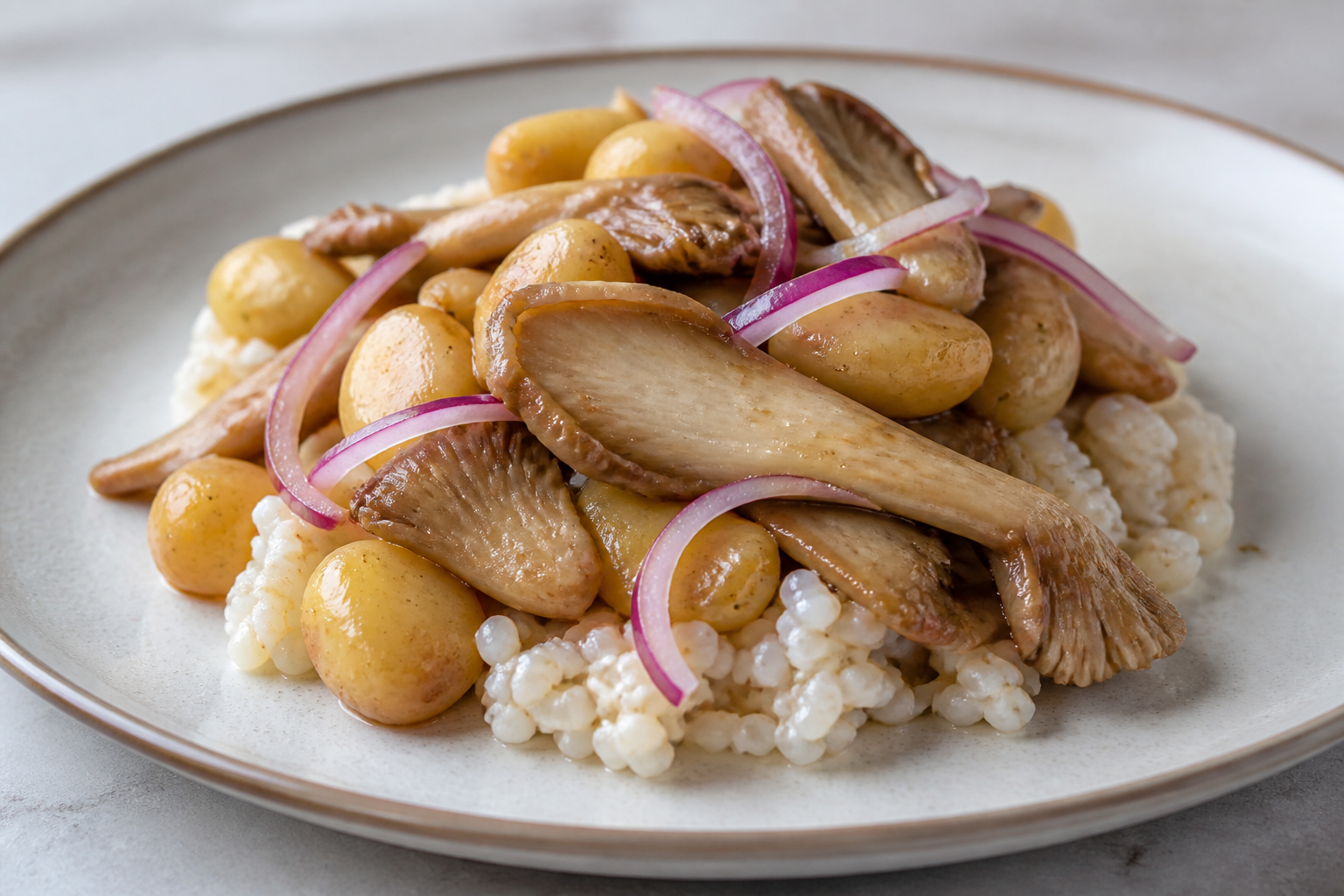 Seco Serrano de Hongos y Melloco con Arroz de Cebada Tierna