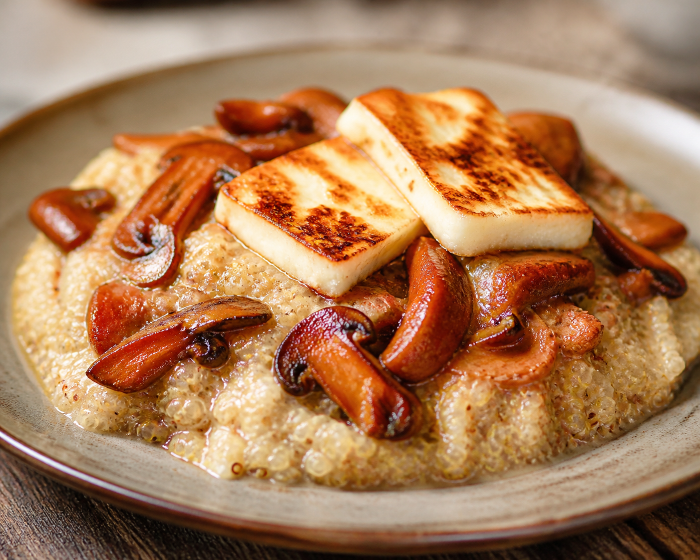 Highland Creamy Quinoa Casserole with Annatto Mushrooms and Seared Cheese