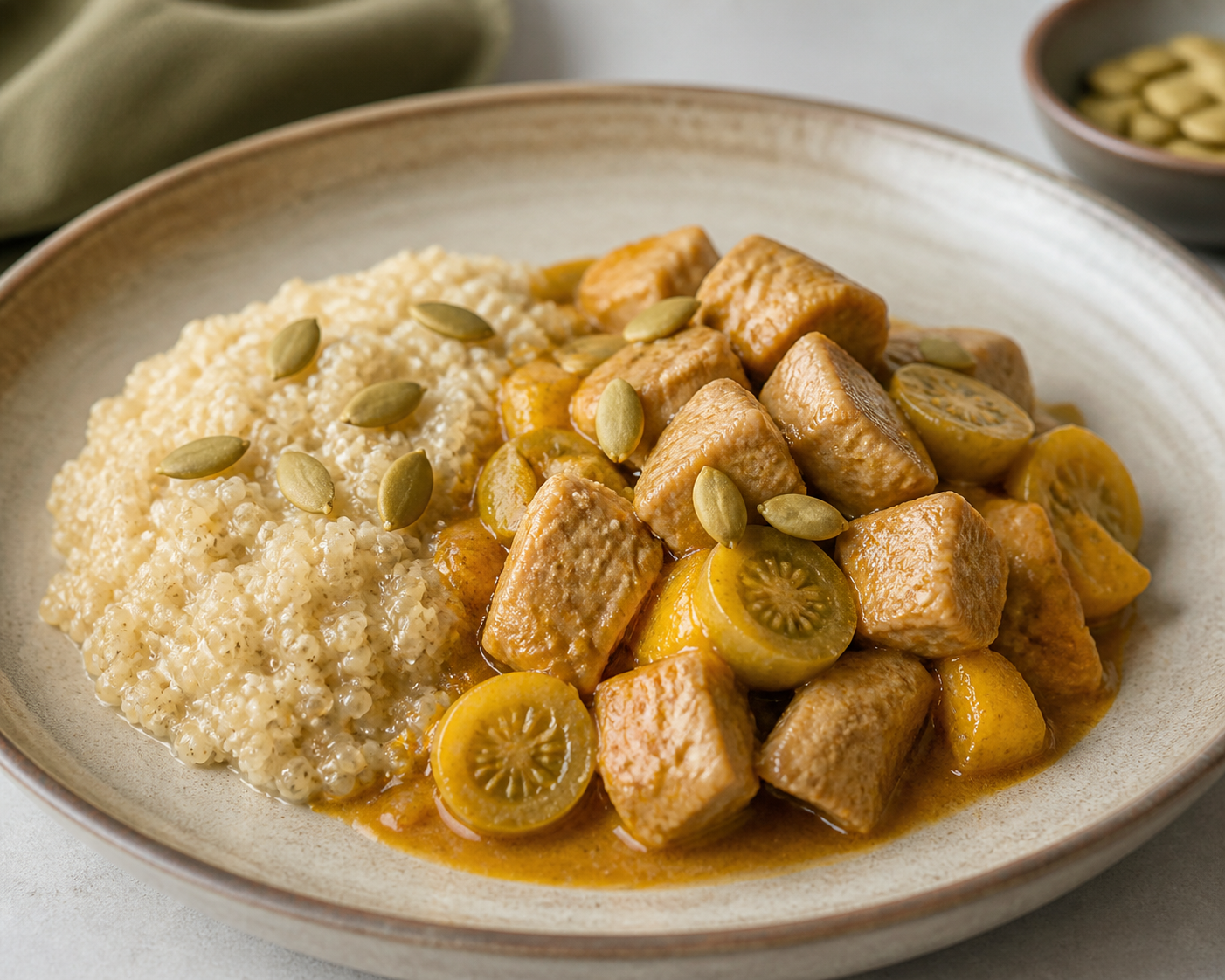 Seco Suave de Pavo con Naranjilla, Quinua Cremosa y Pepitas de Zapallo