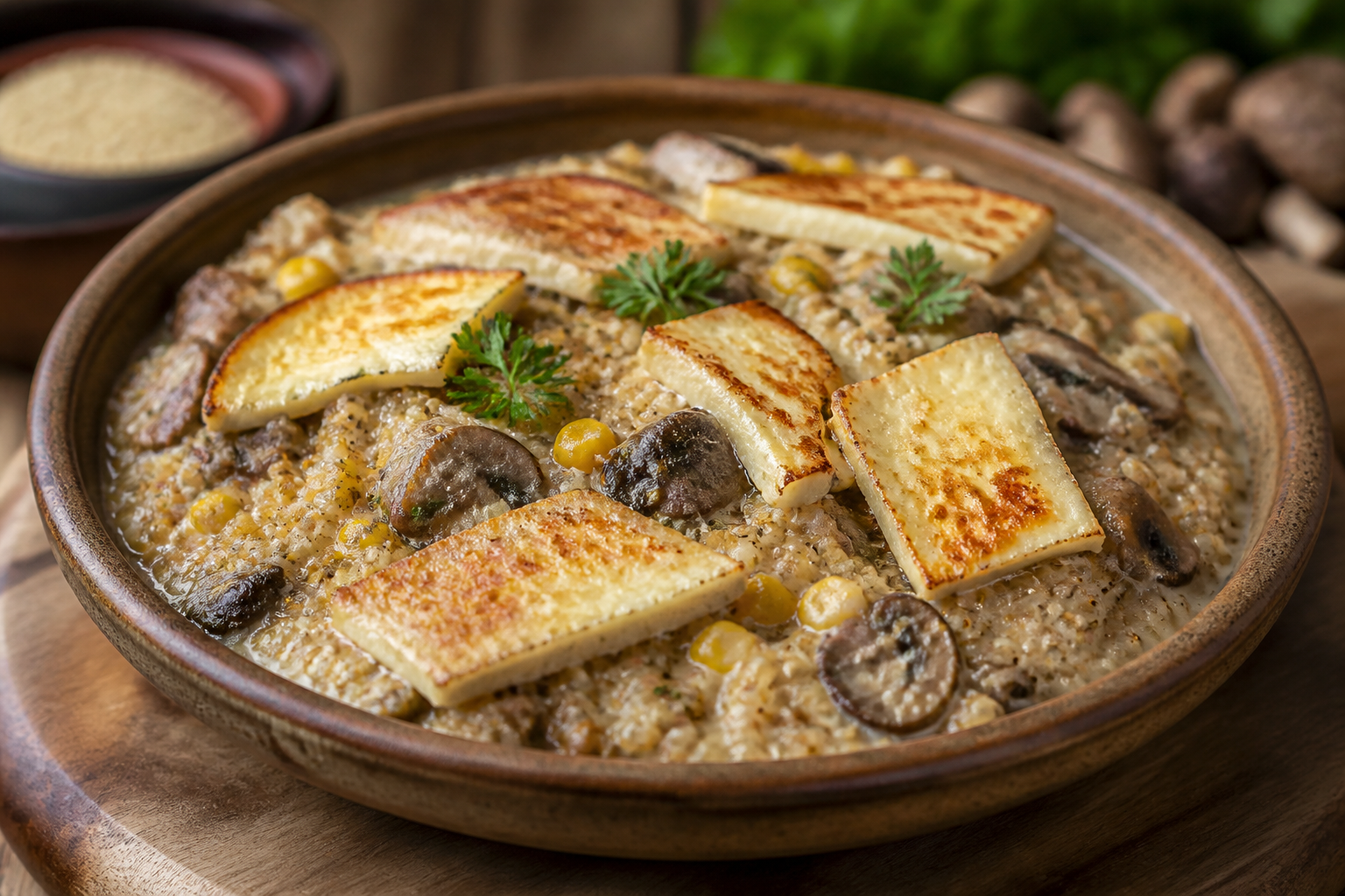 Andean Creamy Quinoa Casserole with Mushrooms, Corn and Seared Cheese