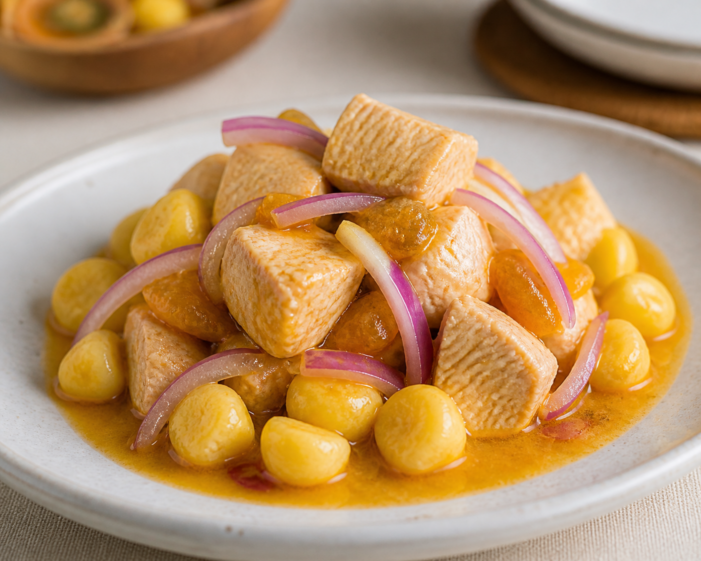 Seco Serrano de Pavo con Naranjilla y Mote Dorado