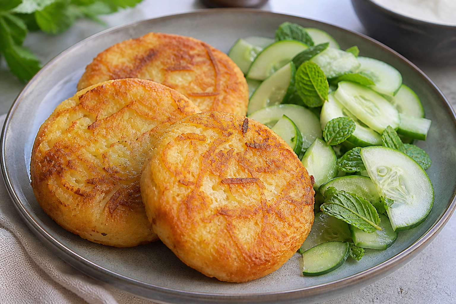 Tortitas Salvadoreñas de Yuca y Quesillo con Ensalada Fresca de Pepino y Hierbabuena