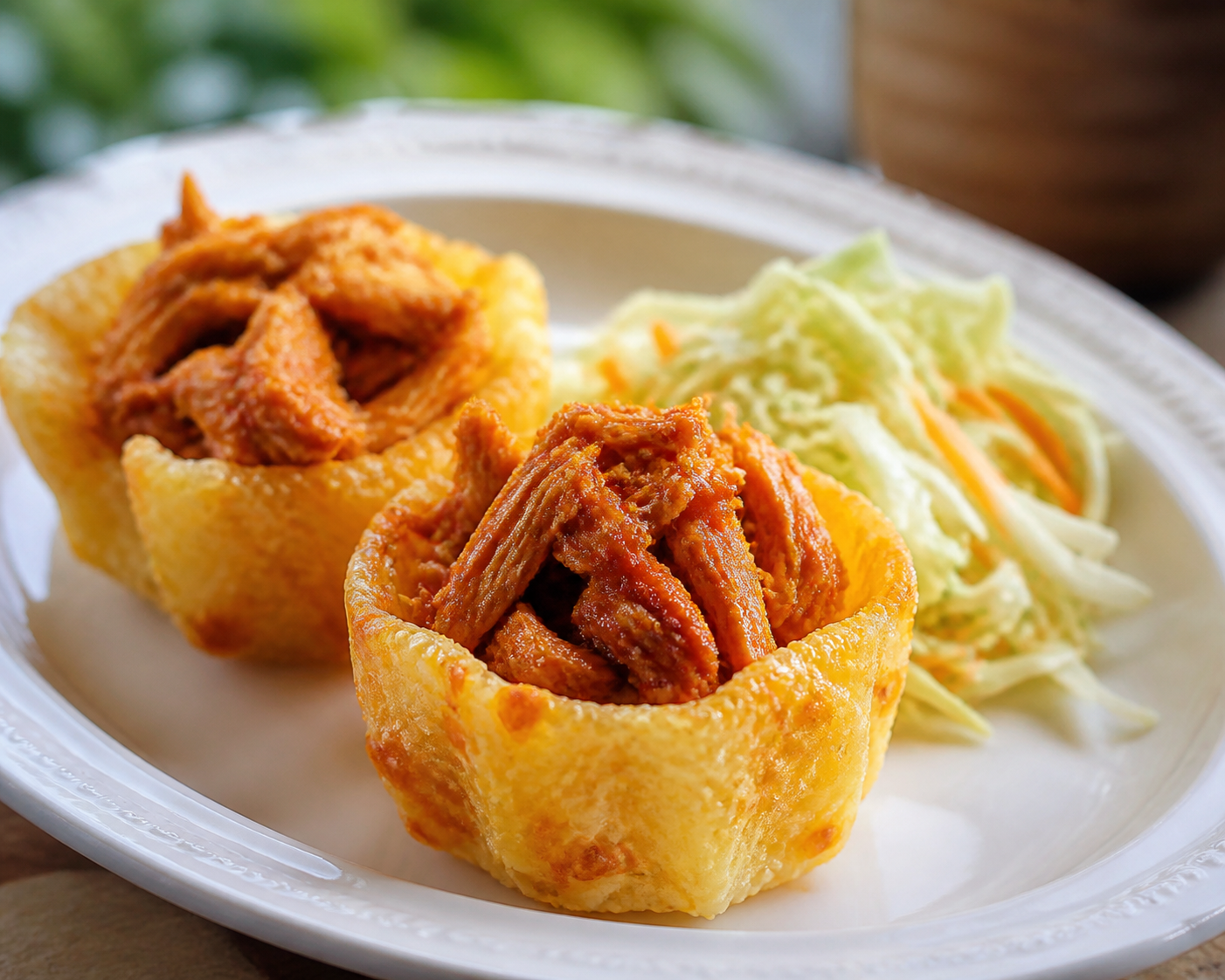 Canastitas de Yuca con Pollo al Achiote y Ensalada Fresca de Repollo