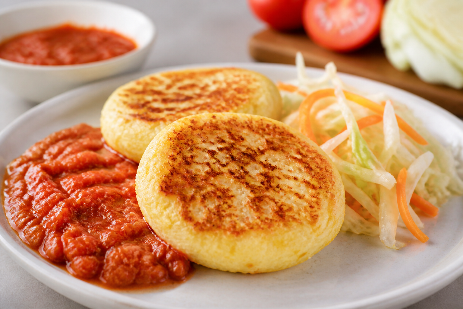 Salvadoran Yuca and Quesillo Cakes with Roasted Tomato Sauce and Cabbage Salad