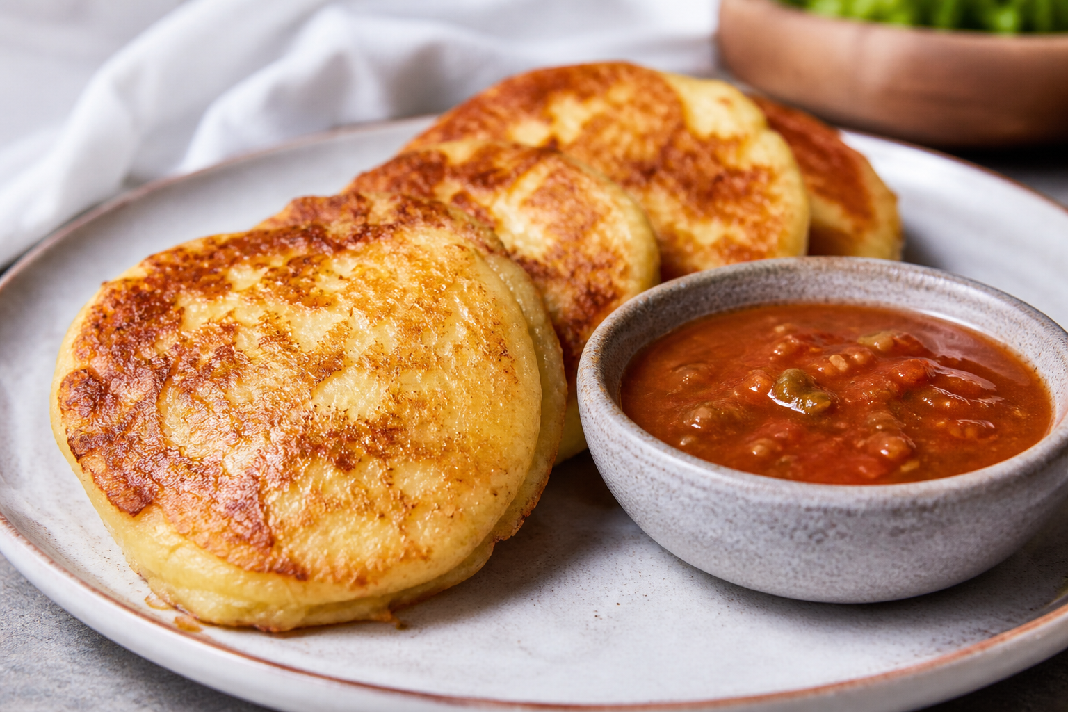 Tortitas salvadoreñas de yuca y queso con salsa de tomate y chile verde