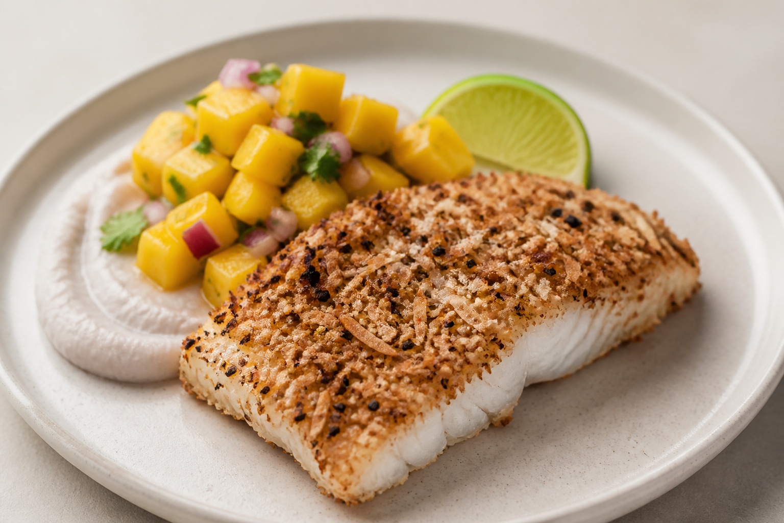Pescado Catracho en Costra de Coco y Ajonjolí con Puré de Malanga y Chimol de Mango