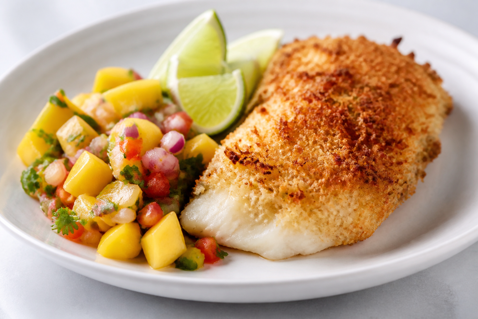 Pescado Catracho al Horno con Costra de Coco y Chimol de Mango