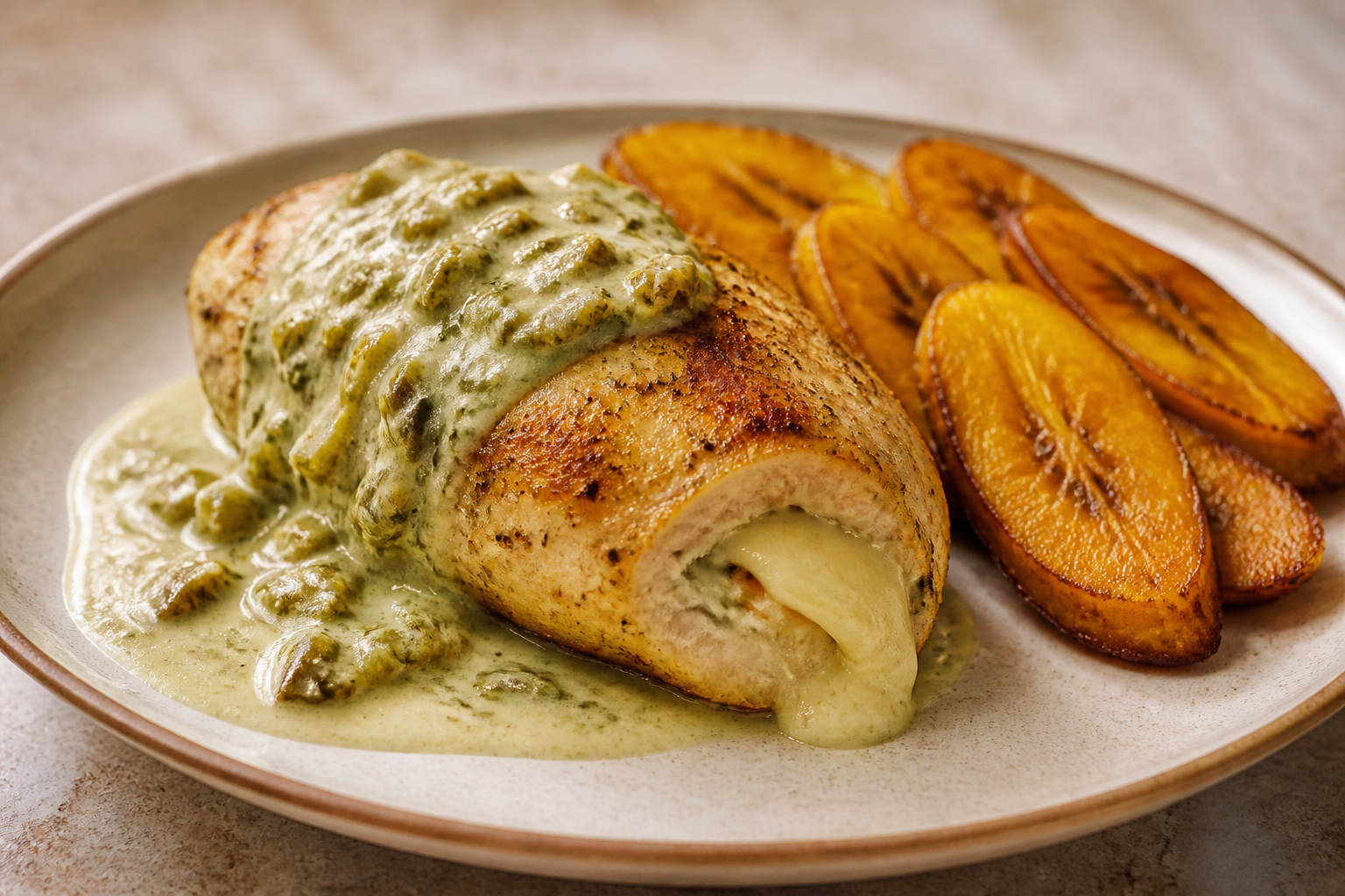 Quesillo-Stuffed Chicken Breast with Loroco Sauce and Golden Plantain