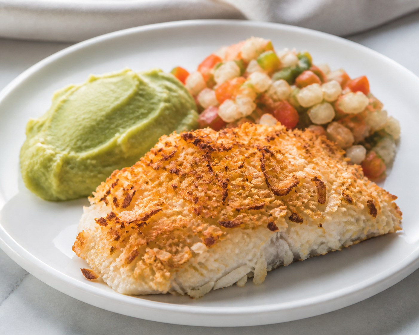 Honduran Baked Fish with Coconut Crust, Warm Chimol, and Green Plantain Mash