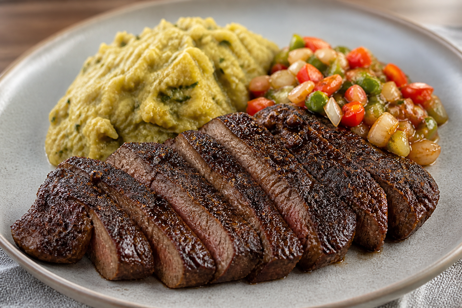Honduran Coffee-Crusted Steak with Green Plantain Mash and Warm Chimol