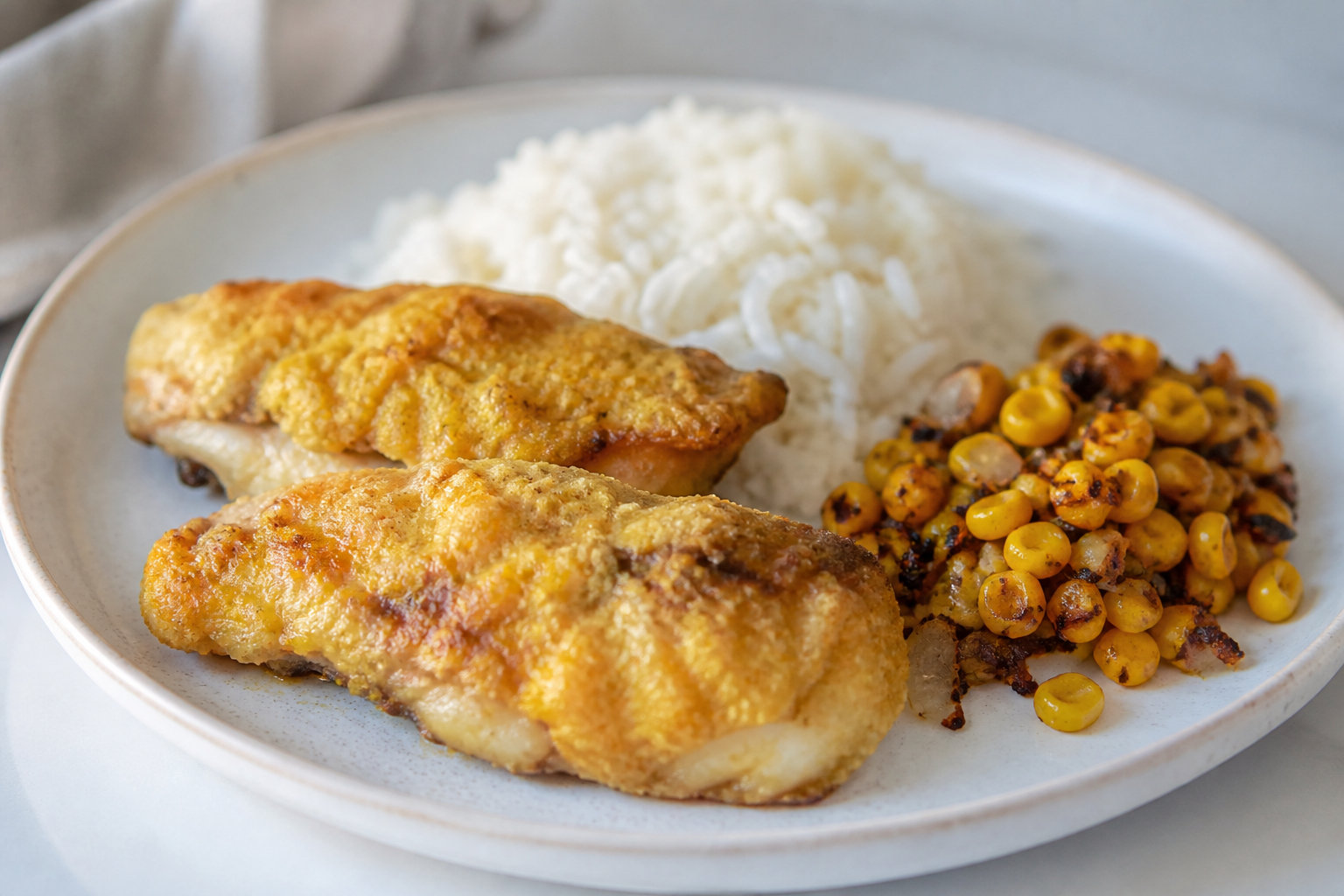 Pescado Catracho en Costra de Plátano con Arroz de Coco y Chimol Tostado