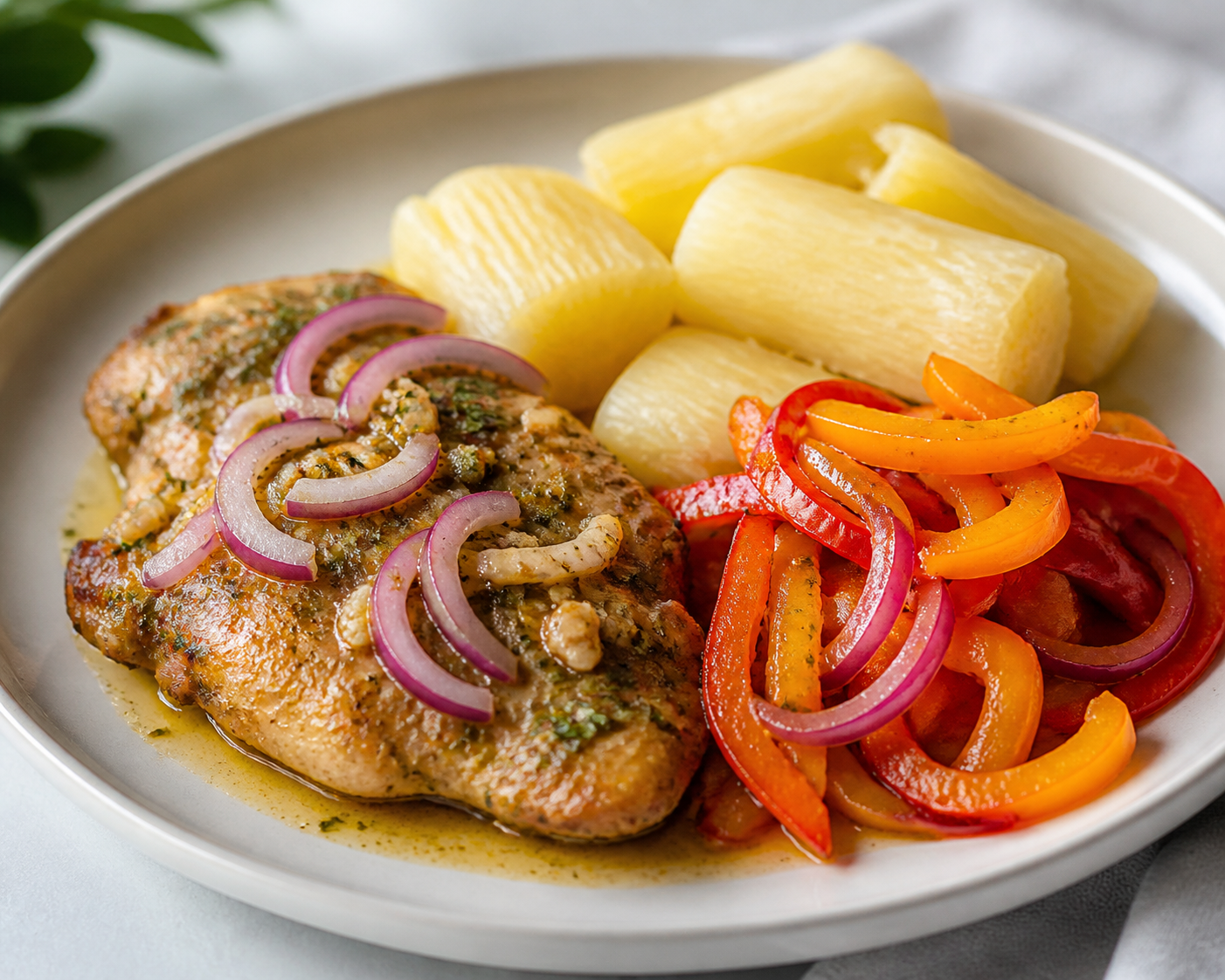 Dominican Chicken with Gentle Garlic-Citrus Sauce, Crispy Yuca, and Sweet Peppers