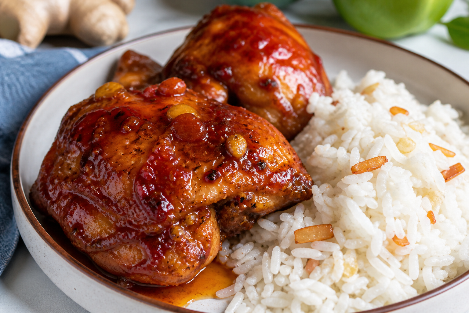 Pollo Dominicano Glaseado de Guayaba y Jengibre con Arroz de Coco Suelto