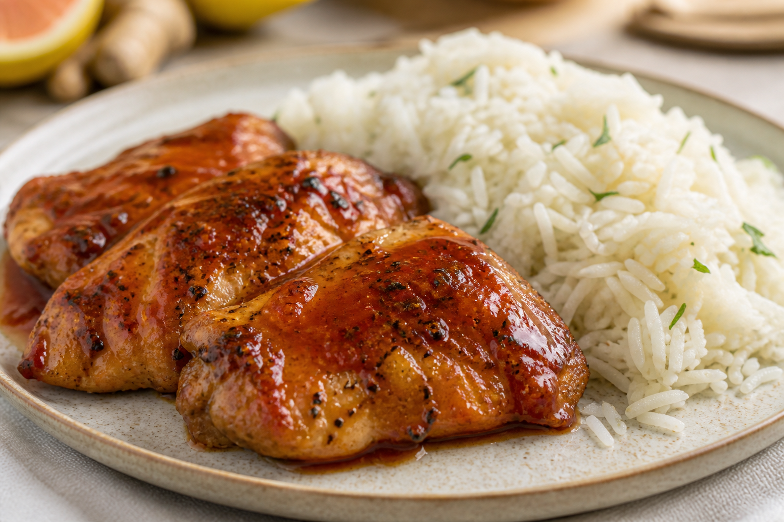 Pollo Dominicano Glaseado de Guayaba y Jengibre con Arroz de Coco Ligero