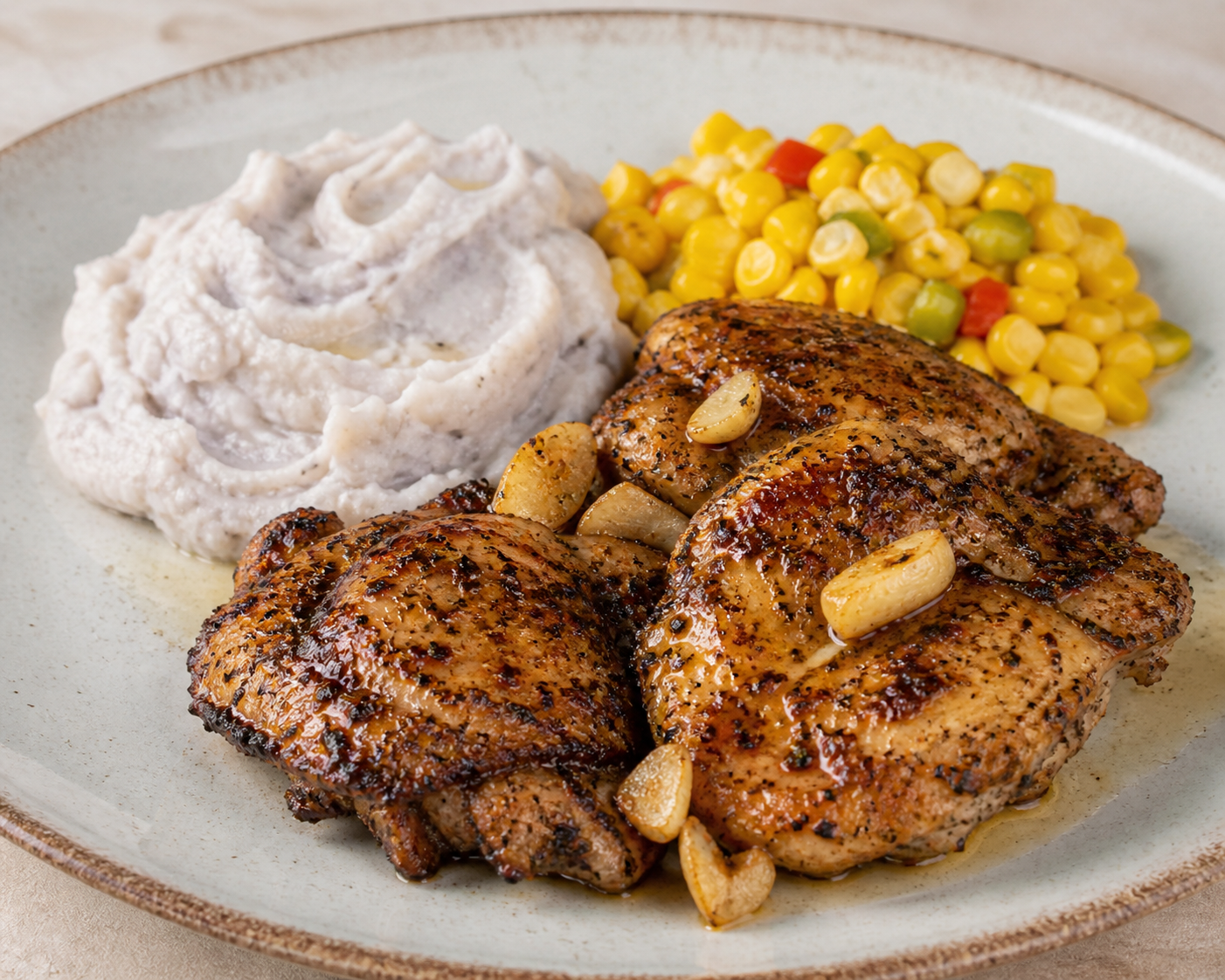 Dominican Roasted Garlic Chicken with Yautia Mash and Warm Corn Salad