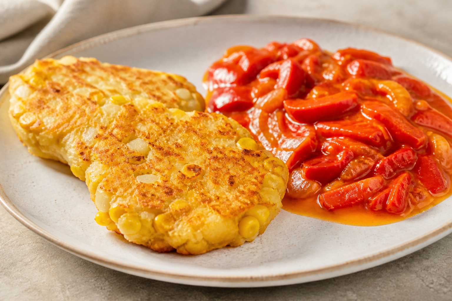 Caracas-Style Yuca and Corn Fritters with Roasted Pepper Stew