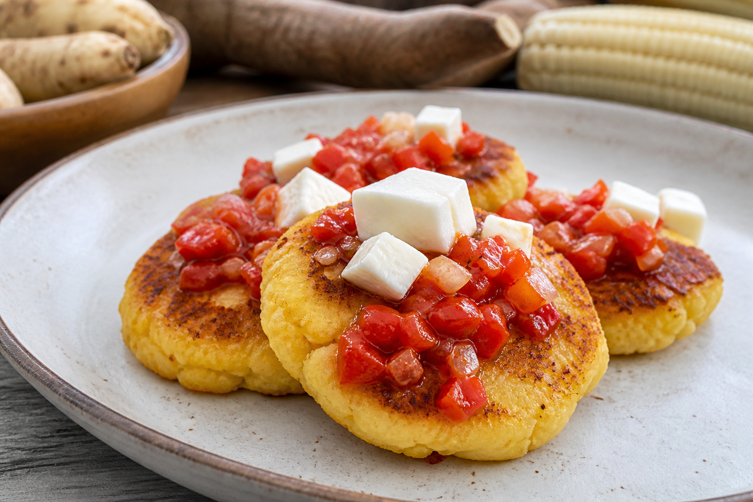 Caracas-Style Yuca and Corn Cakes with Sweet Pepper Sofrito and Fresh Cheese